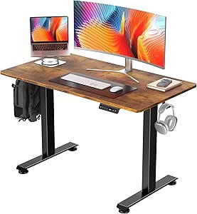 Veken 48 Inch Electric Standing Desk, Height Adjustable Sit Stand Up, Wood Desktop, Work Home Office Computer PC Table, Tall Standup Workstation, Gaming Writing Study Bedroom Rising Desks, Brown