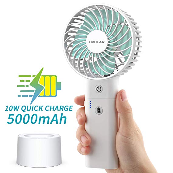 OPOLAR 2019 New Battery Operated Personal Handheld Fan, Super Quiet Strong Airflow Small Desk Fan with 5000mAh Power Bank, 5-18H Work Time, 3 Speed, 10W Quick Charge Portable Fan for Outdoor, Travel