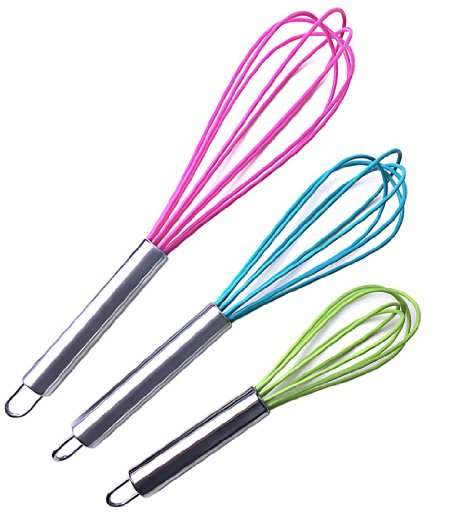 Silicone Whisk Set of 3 - Stainless Steel and Silicone Kitchen Utensils for Blending Whisking Beating and Stirring Color may vary
