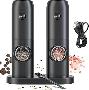 Electric Salt and Pepper Grinder Set, RIGHTWELL 2 PCS USB Rechargeable Pepper Grinder with Base and LED Light, Adjustable Coarseness Ceramic Core Pepper Mill for Kitchen, BBQ, Camping,70ml, Black