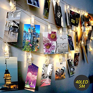 LED Photo Clip String Lights - Exqline 40 Photo Peg Lights 5M Battery Powered Fairy Lights Perfect for Hanging Photos, Notes, Paintings Card and Memos Indoor Outdoor Decoration - Warm White