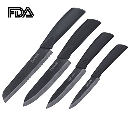 Coiwin Ceramic Knife Kitchen Cutlery Black Ceramic Knife Set With Sheaths - Super Sharp & Rust Proof & Stain Resistant ( 6" Bread Knife, 6" Chef Knife, 5" Utility Knife, 4" Fruit Knife )