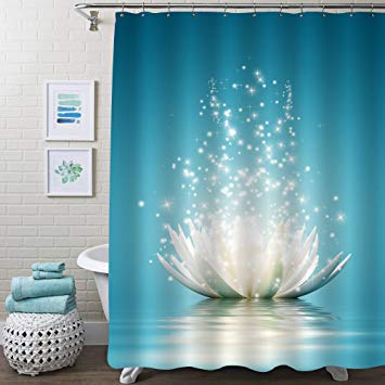 MitoVilla Asian Lotus Flower Shower Curtain Set for Bathroom, Magic Waterlily Floral Art Decor for Spa Zen Themed Home, Gifts for Women and Girls, Turquoise, 72" W x 72" L Standard for Bathtub