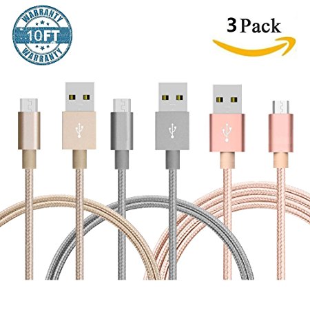 MCUK 3Pack 10FT Micro USB Cable Premium Micro USB Cable High Speed USB 2.0 A Male to Micro USB Sync and Charging Cables for Samsung, HTC, Motorola, Nokia, Android, and More 10ft(Gold Grey Pink)