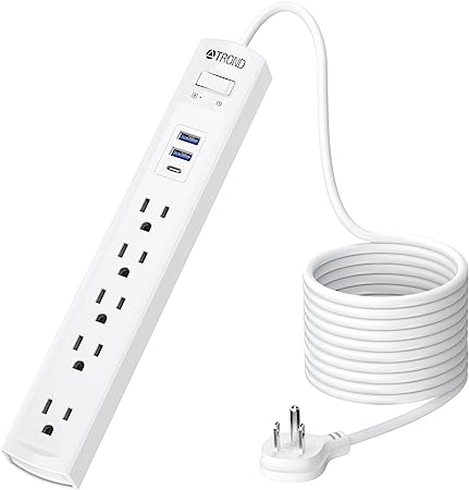 10ft Surge Protector Power Bar with USB C, TROND Flat Plug Extension Cord Indoor, 5 Multi Outlets 3 USB Ports, Slim Travel Power Strip, Wall Mount, Dorm Room Home Essentials, Office Desk Accessories