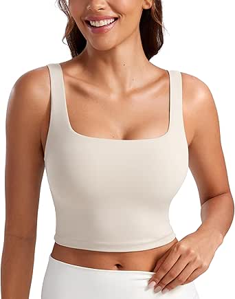 CRZ YOGA Butterluxe Womens Square Neck Longline Sports Bra - Workout Crop Tank Tops Padded with Built in Shelf Yoga Bra