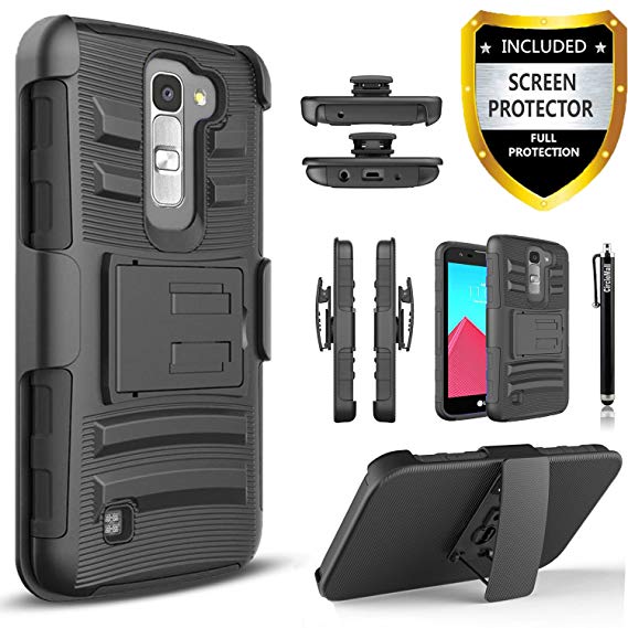 LG K7 Case, Combo Rugged Shell Cover Holster with Built-in Kickstand and Holster Locking Belt Clip   Circle(TM) Stylus Touch Screen Pen and Screen Protector - Black