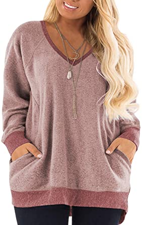 DOLNINE Women's Plus Size Sweatshirts Color Block Long Sleeve Pocket Shirts Tops