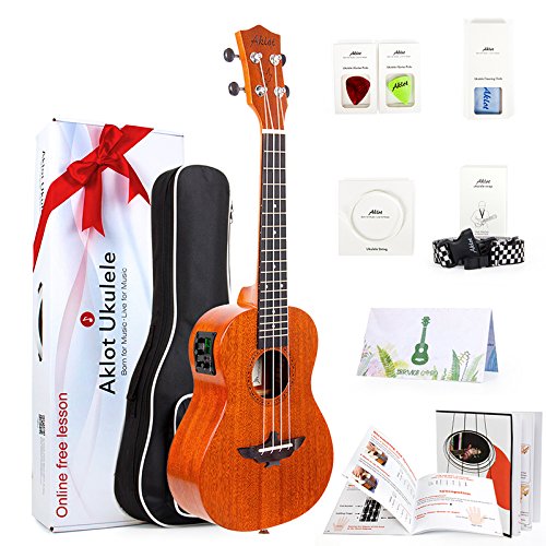 AKLOT Tenor Uke Electric Ukele 26 Inch Solid Mahogany Ukelele For Beginners With Free Online Lesson 8 Packs Uke Accessory ( Gig Bag Picks Tuner Strap String Cleaning Cloth Instruction Book Gift Box )