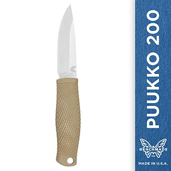 Benchmade - Puukko 200 Fixed Bushcraft Knife Made in USA with Leather Dangler Loop Sheath with Buckle, Drop-Point Blade, Plain Edge, Satin Finish, Rubberized Santoprene Handle