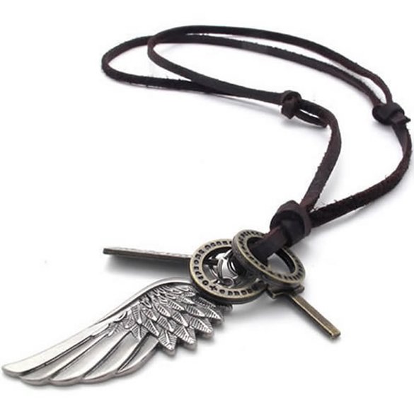 KONOV Mens Vintage Angel Wing Cross Pendant Brown Leather Cord Necklace Chain, Silver