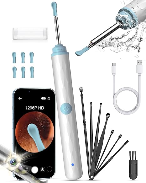 Ear Wax Removal Camera, Kekoy Ear Cleaner 1296P HD Camera, Ear Cleaning Kit with 8pcs Ear Set, Wireless WiFi Otoscope with 6 Lights, Rechargeable Earwax Removal Tool Kit for Adult & Kid(White)