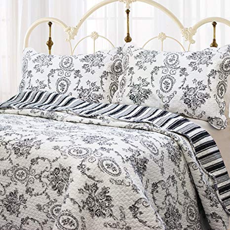 Cozy Line Home Fashions French Medallion Black White Grey Rose Flower Pattern Printed 100% Cotton Bedding Quilt Set Reversible Coverlet Bedspread for Women Men (Black White, Queen - 3 Piece)