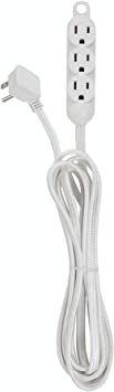 12ft Light Duty 3-Outlet Indoor Extension Cord, Grounded Outlets, Right Angle Plug, White Hanging Hook, Designer Fabric Cord, 16/3, SPT-3, 13AMP, White