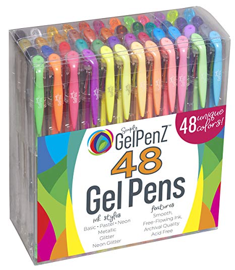 GelPenz 48-Count Gel Pens in Clear Plastic Case for Adult Coloring Books, 48 Unique Colors