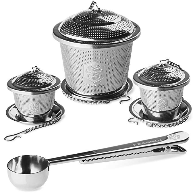 Kessaku Premium Tea Infuser Set - Deluxe Combo Kit of 1 Single Cup, 1 Medium, 1 Large Infuser, Drip Trays and Scoop with Bag Clip - Reusable Stainless Steel Strainers and Steepers for Loose Leaf Teas