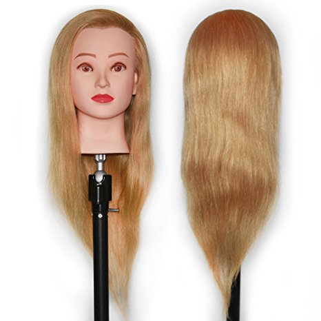 Mannequin Head 100% Human Hair 24" Hairdresser Training Head Manikin Cosmetology Doll Head (Table Clamp Stand Included)