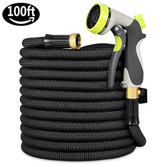 Garden Hose, Lightweight Expandable Water Hose, Expanding Hose with Solid Brass Connector, Double Latex Inner Tube, for Car Washing, Garden Watering (100FT, Black)