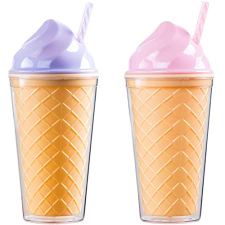 Bewaltz Ice Cream Double Wall To Go Cold Cup Tumbler with Straw BPA Free 16 oz. (Purple Ice Cream & Pink Ice Cream)