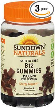 Sundown Naturals Caffeine Free B12 1500 mcg per Serving Gummies Chocolate & Coffee Flavored - 90 ct, Pack of 3