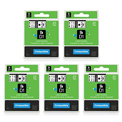 5-Pack D1 Label Tape D1 45013 45010 Black on White/Clear 1/2'' W x 23' L Compatible with DYMO LabelManager 160 LabelManager 280 LabelManager 360D LabelWriter 450 Duo
