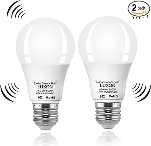 LUXON Radar Motion Sensor Light Bulbs,Dusk to Dawn Light Bulbs 9W 6000K Daylight ,A19 Led Light Bulbs E26 Base Auto On/Off for Indoor Outdoor Basements, Porch,Courtyards, Garage Pack of 2