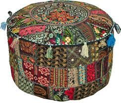 Rajasthali" Bohemian Patch Work Ottoman Cover,Traditional Vintage Indian Pouf Floor/Foot Stool, Christmas Decorative Chair Cover,100% Cotton Art Decor Cushion, 14x22'. Only Cover, Filler not Included