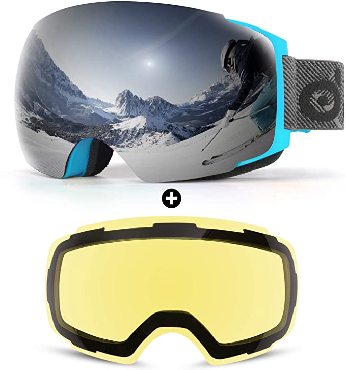 Odoland Magnetic Interchangeable Ski Goggles with 2 Lens, Large Spherical Frameless Snow Goggles for Men & Women, OTG and UV400 Protection