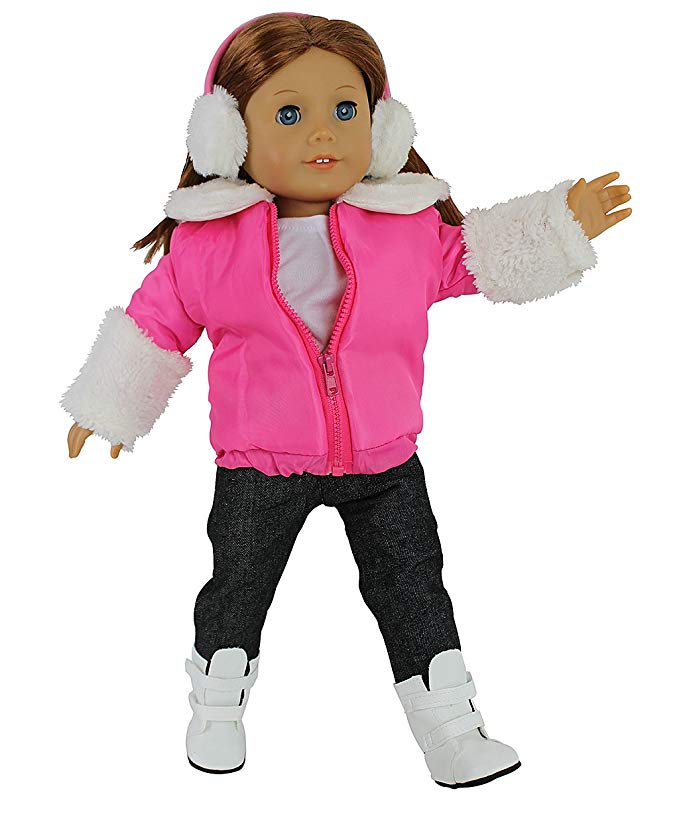 Dress Along Dolly Winter Snow Outfit for American Girl Dolls: 5pc Set w Jacket, Shirt, Jeans, Boots, and Earmuffs