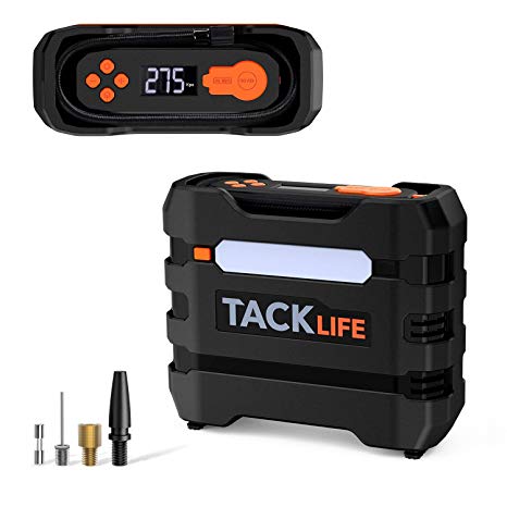 TACKLIFE ACP1B Digital Tire Inflator,Portable Air Compressor 150PSI, 12V Auto Tire Pump with Overheat Protection, LCD Display, Emergency Light, 3 Nozzles and Extra Fuse