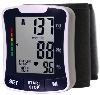 LotFancy Automatic Digital Wrist Blood Pressure Monitor with Case, Irregular Heart Rate Detector, 30x4 Memories for 4 Users, WHO Indicator, FDA Approved, Large LCD (NO Talking Function)