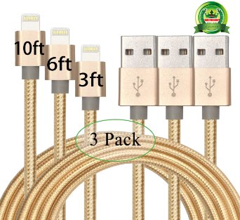 Abloom 3Pack 3ft 6ft 10ft Nylon Braided Popular Lightning Cable 8Pin to USB Charging Cable Cord with Aluminum Heads for iPhone 6/6s/6 Plus/6s Plus/5/5c/5s/SE,iPad iPod Nano iPod Touch(Gold)