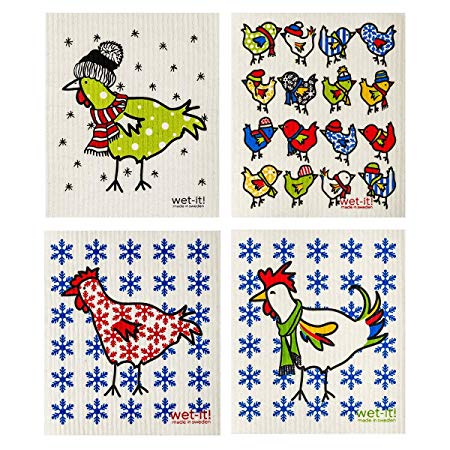 Wet-It! Swedish Dishcloth Set (Winter Chicken, Warm Chicken, Winter Rooster and Little Winter Chicks, Set of 4)