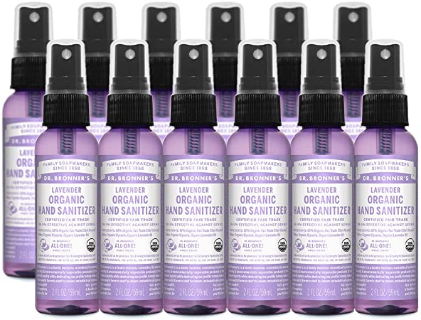 Dr. Bronner's - Organic Hand Sanitizer Spray (Lavender, 2 Ounce, 12-Pack) - Simple and Effective Formula, Kills Germs and Bacteria, No Harsh Chemicals, Moisturizes and Cleans Hands