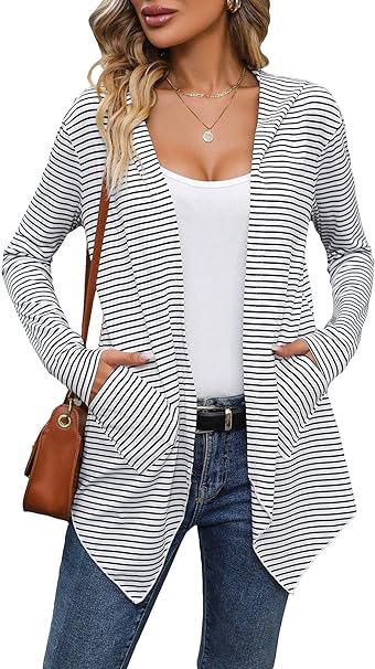Milumia Women's Striped Open Front Cardigan Long Sleeve Hooded Lightweight Cardigans with Pocket