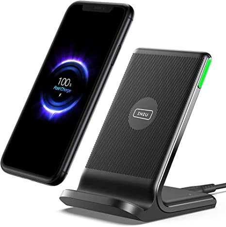 INIU Wireless Charger, 15W Qi-Certified Fast Wireless Charging Stand with Dual Coils & Sleep-Friendly Adaptive Light