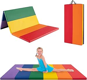 Goplus Gymnastics Mat, 6'x4' 3-Panel/6.6'x2.5' 5-Panel Folding Tumbling Mat w/Carrying Handles, Hook&Loop Fastener, Portable PU Leather Rainbow Exercise Mat for Home Gym Aerobics Yoga