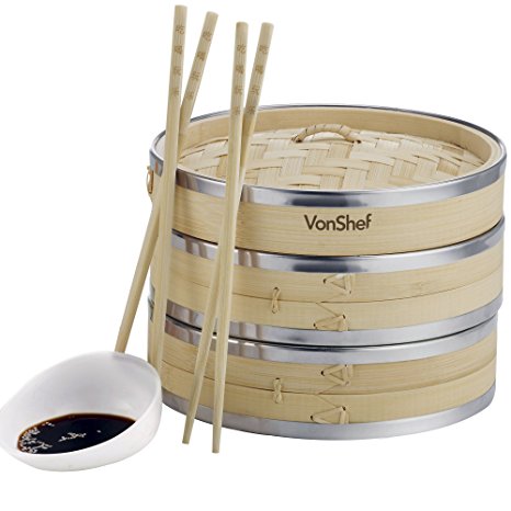 VonShef 8" / 20cm Two-Tier Bamboo Steamer with Stainless Steel Banding - Includes 2 Pairs of Chopsticks & 50 Wax Papers