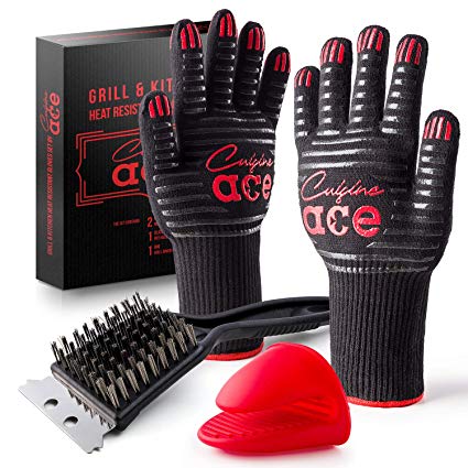 Cuisine Ace Extreme Heat Resistant Grill/BBQ Gloves 932℉ | Premium Insulated Heat Proof Gloves   Silicone Potholder Oven Mitt   Grill Brush | Indoor/Outdoor Kitchen Accessories Set for Men & Women