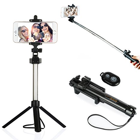 Bluetooth Selfie Stick, Extendable Monopod Selfie Stick with Mini Tripod Stand, Big Rear Mirror, Remote Shutter for IOS & Android Smartphone (Black)