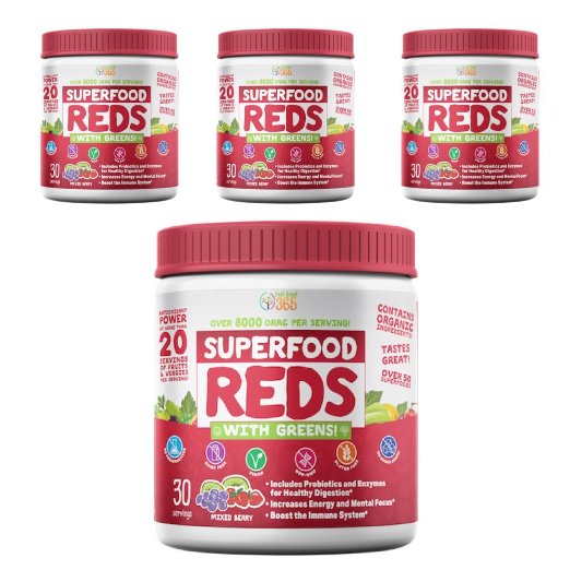 SuperFood Reds With Greens (4-Pack): Doctor-Formulated Organic, Gluten Free, Vegan, Whole Food Powder - Red & Green Superfood - Fruits, Veggies, Probiotics, Digestive Enzymes, Vitamins, Antioxidants..