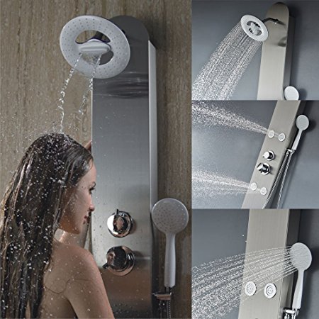Vantory New Design 59'' Stainless Steel Shower Panel Unique Round Rainfall Waterfall Shower Head with Body Jets Shower Panel