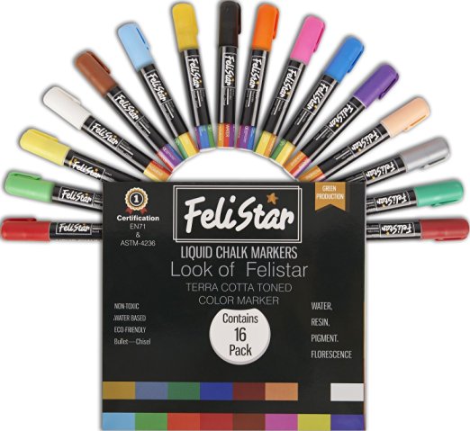 Liquid Chalk Markers 16 Pack For Chalkboard Drawing Writing Painting Terra Cotta Toned Colored Pens With Fine Reversable Tip Erasable ECO-Friendly Can Be Used On Labels Mirrors Glasses & Whiteboards