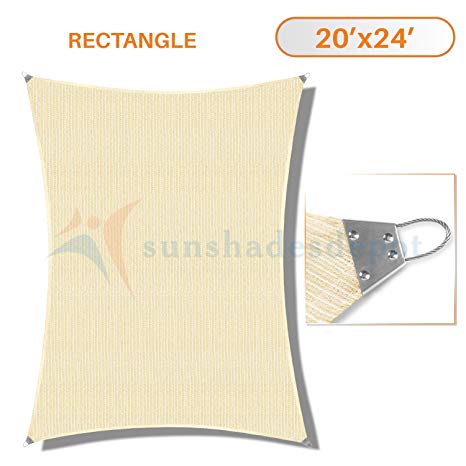 Sunshades Depot 20'x 24' Reinforcement Large Sun Shade Beige Rectangle Heavy Duty Metal Spring/Steel Wire Outdoor Permeable UV Block Fabric Durable Steel Wire Strengthen 160 GSM