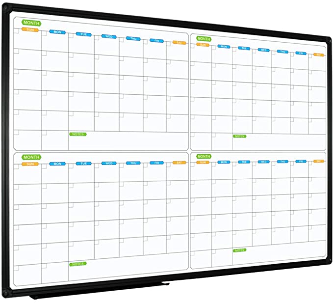 JILoffice Magnetic Dry Erase Calendar Whiteboard, 4 Month White Board Planner 36 X 24 Inch, Black Aluminum Frame Wall Mounted Board for Office Home and School