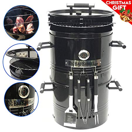 EasyGO EGP-FIRE-017 Big Bad Barrel Charcoal Barbeque 5 in 1 Can be Used as a Smoker Grill BBQ, Pizza Oven, Table & Fire Pit. 18-Inch Diameter-3 pcs, Tool Set