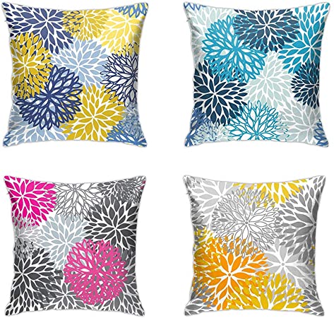 Granbey Dahlia Pinnata Flower Pillow Cover Colorful Chrysanthemum Floral Print Peony Flowers Throw Pillow Case 18x18 Inch Set of 4 - Pillowcase for Sofa Car Home Patio Bedroom