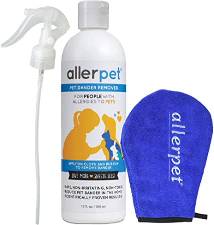 Allerpet Pet Allergy Relief - Best Dog & Cat Pet Dander Remover for Allergens + Works for Any Pet w/Fur or Feathers - 100% Non-Toxic & Safe for Pets + Bonus Applicator Mitt & Sprayer