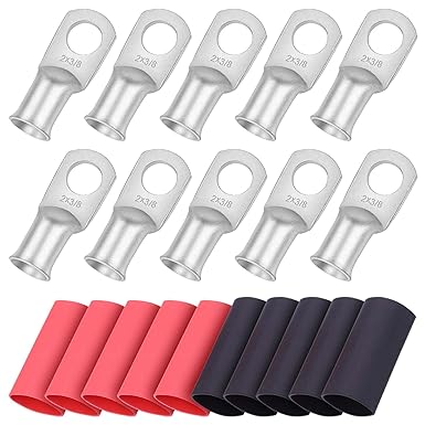 iGreely 10pcs 2 Guage 3/8" Wire Lugs Ring Terminal Connectors Ends 2 AWG Heavy Duty Tinned Copper for Battery Cable Lug Wire Electrical Eyelets with 10pcs 3:1 Dual Wall Adhesive Heat Shrink