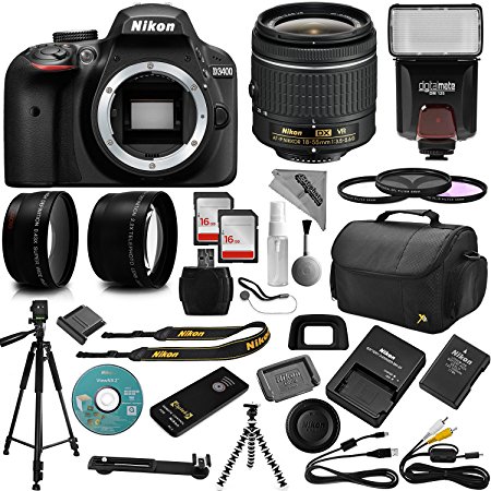 Nikon D3400 Digital SLR Camera   18-55mm AF-P DX Nikkor VR   2.2X Telephoto and 0.43X Macro Lens Kit   32GB Memory   Bounce Swivel Flash   Tripod   Padded Case Bag   UV CPL FLD Filter Bundle   Remote